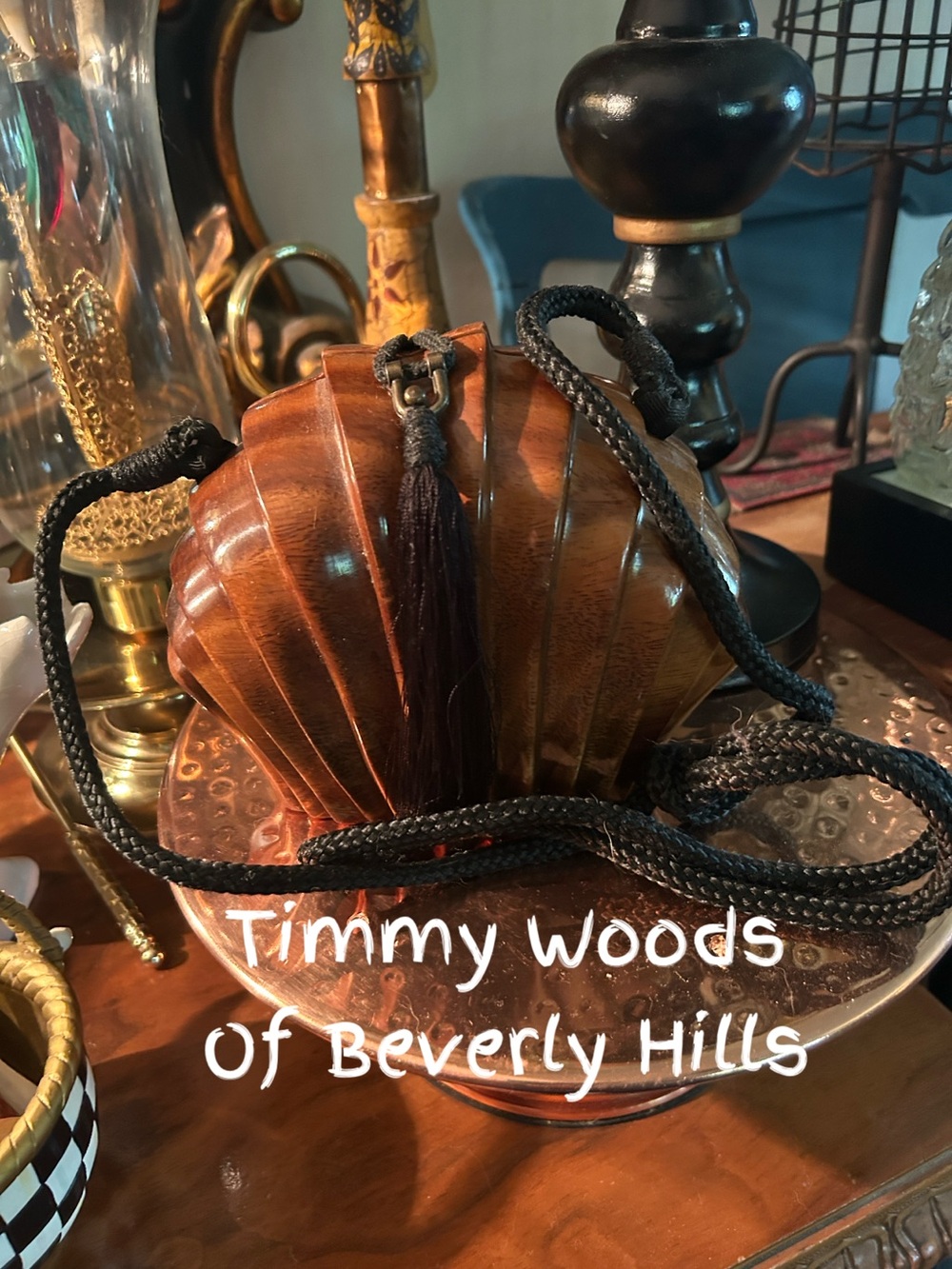 Vintage TIMMY WOODS Wooden Shell Crossbody with Black Tassel